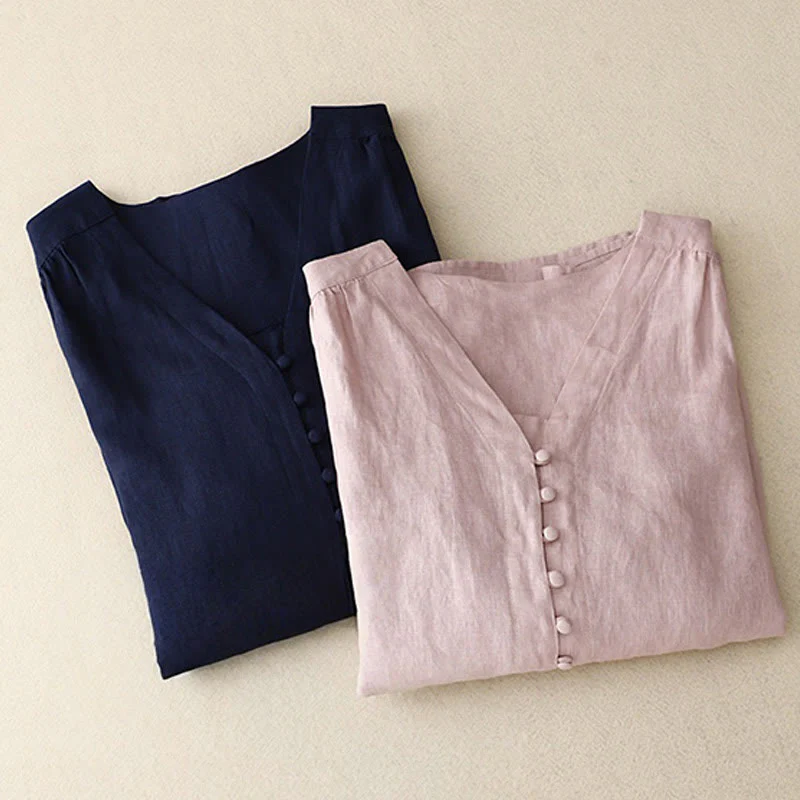 Camicia da donna a maniche lunghe in cotone e lino con scollo a V Buddha Stones - Image 2