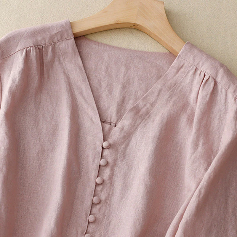 Camicia da donna a maniche lunghe in cotone e lino con scollo a V Buddha Stones - Image 3