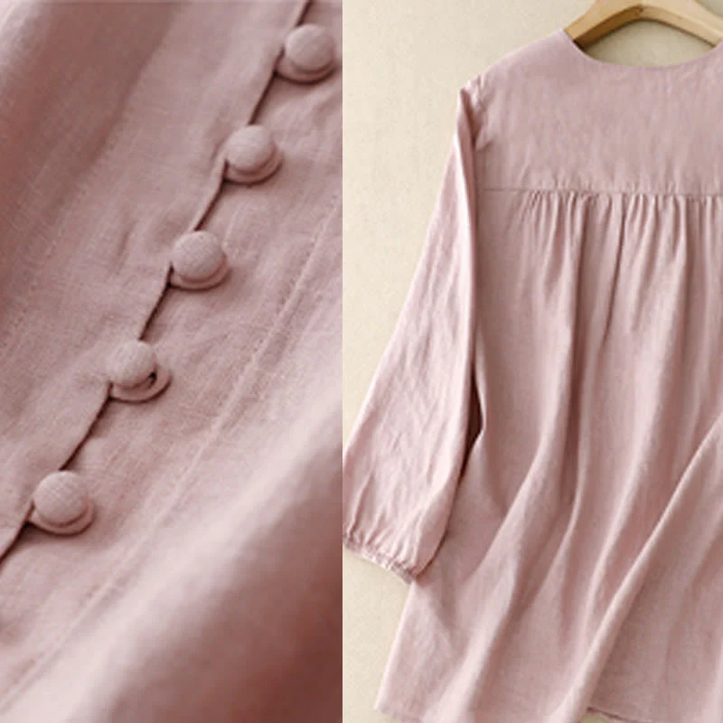 Camicia da donna a maniche lunghe in cotone e lino con scollo a V Buddha Stones - Image 6