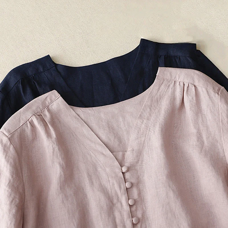 Camicia da donna a maniche lunghe in cotone e lino con scollo a V Buddha Stones - Image 9