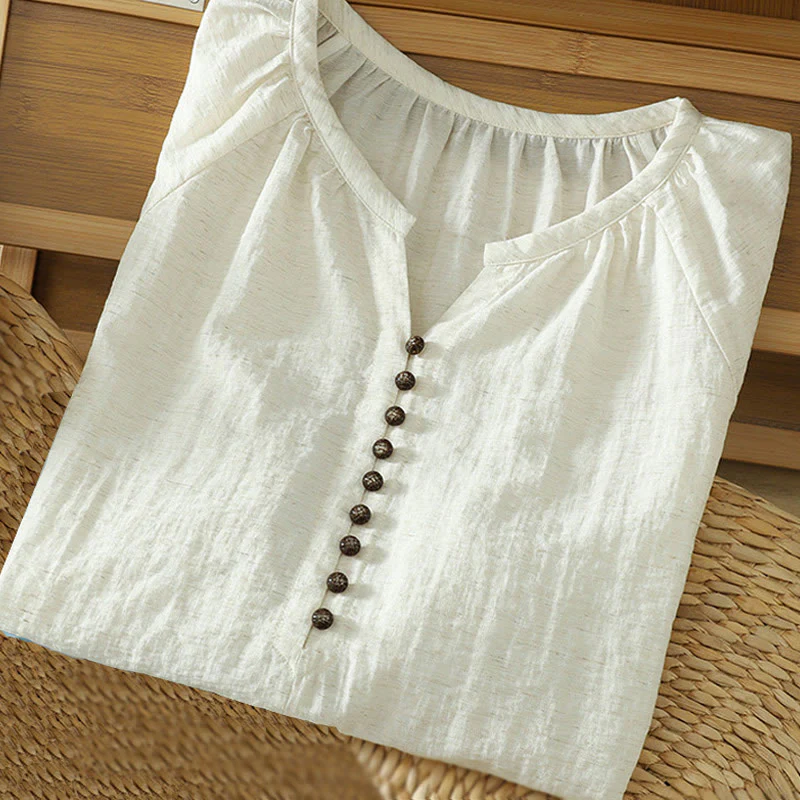 Camicia da donna con maniche a tre quarti e bottoni bianchi a tinta unita Buddha Stones - Image 3