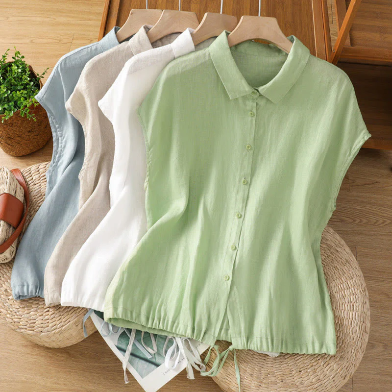 Camicia da donna in cotone a maniche corte con bottoni, tinta unita, estate, motivo Buddha Stones - Image 2