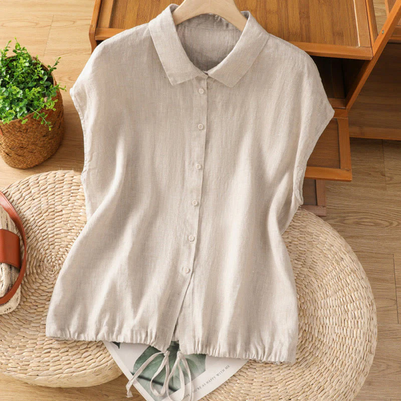 Camicia da donna in cotone a maniche corte con bottoni, tinta unita, estate, motivo Buddha Stones - Image 24