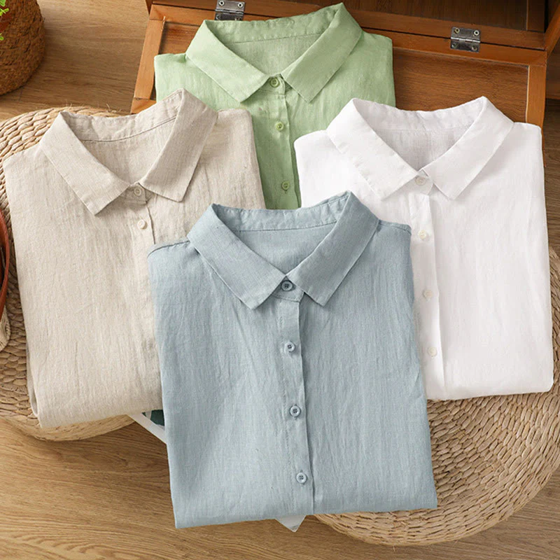 Camicia da donna in cotone a maniche corte con bottoni, tinta unita, estate, motivo Buddha Stones - Image 3