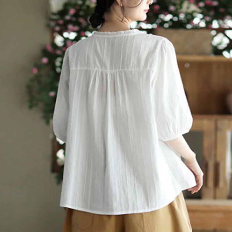 Camicia da donna in cotone a maniche corte con scollo a V in pizzo bianco puro Buddha Stones - Image 3