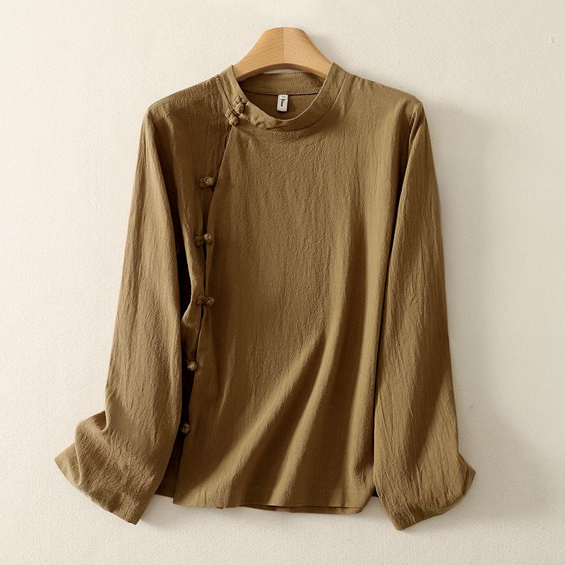 Camicia da donna in cotone a maniche lunghe con bottoni a rana sul davanti asimmetrici Buddha Stones - Image 2