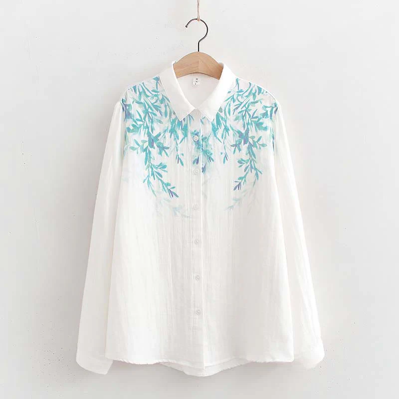 Camicia da donna in cotone a maniche lunghe con bottoni bianchi e verdi in stile Buddha Stones Fall