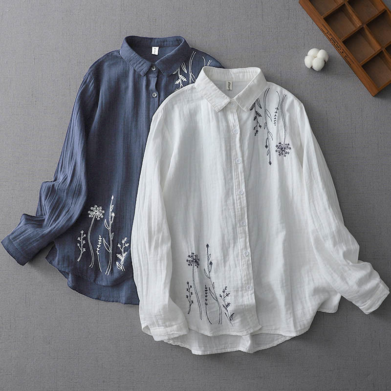 Camicia da donna in cotone a maniche lunghe con bottoni e fiori di tarassaco autunnali Buddha Stones
