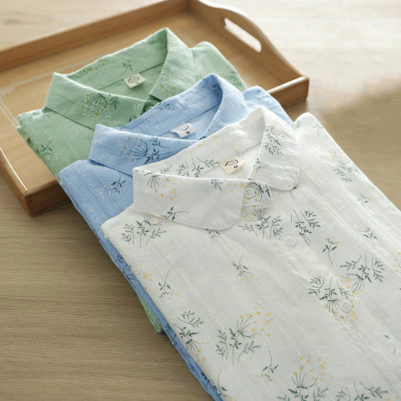 Camicia da donna in cotone a maniche lunghe con bottoni, motivo Buddha Stones Fall, fiori bianchi e gialli, foglie verdi - Image 15