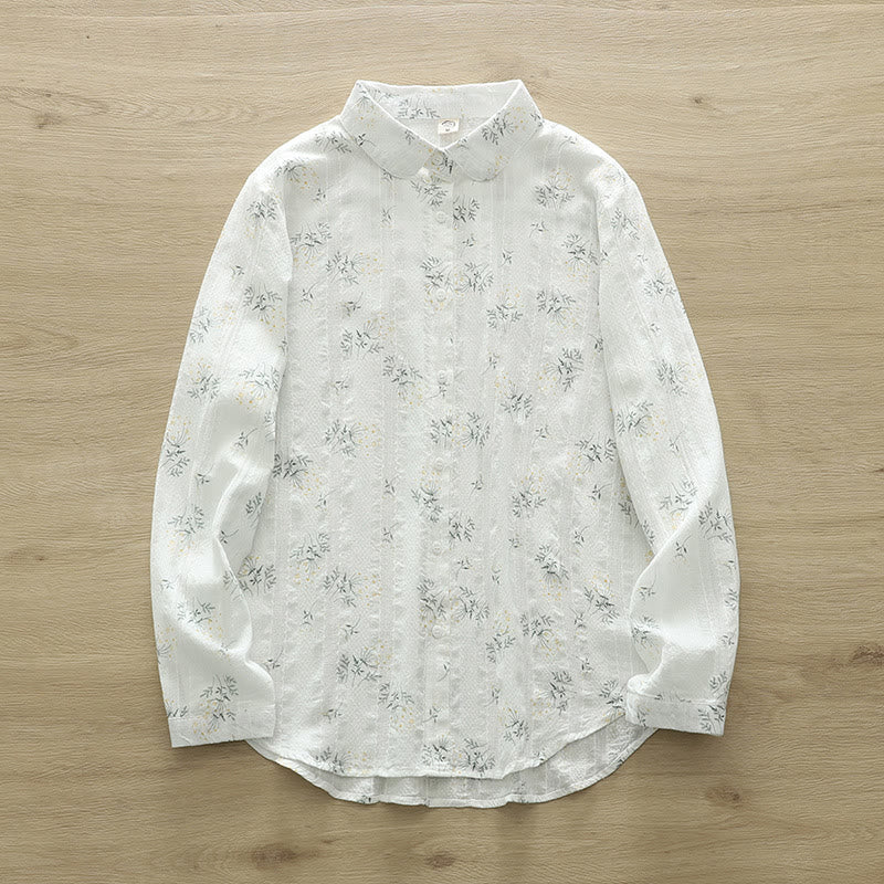 Camicia da donna in cotone a maniche lunghe con bottoni, motivo Buddha Stones Fall, fiori bianchi e gialli, foglie verdi - Image 2