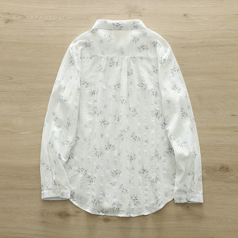 Camicia da donna in cotone a maniche lunghe con bottoni, motivo Buddha Stones Fall, fiori bianchi e gialli, foglie verdi - Image 3