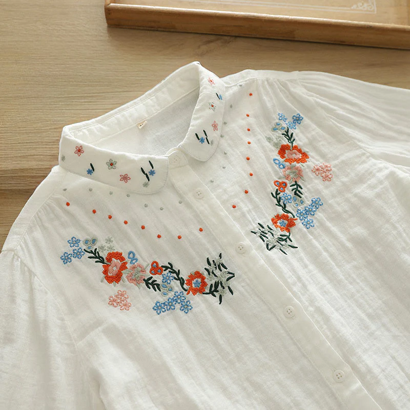 Camicia da donna in cotone a maniche lunghe con bottoni ricamati floreali colorati bianchi Buddha Stones Fall