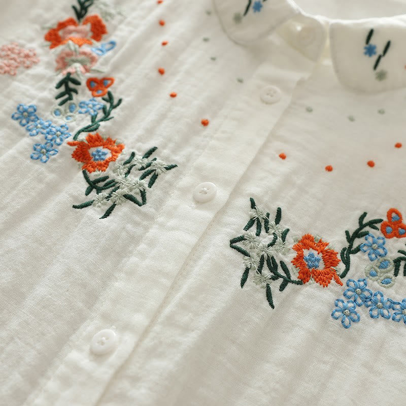 Camicia da donna in cotone a maniche lunghe con bottoni ricamati floreali colorati bianchi Buddha Stones Fall - Image 10