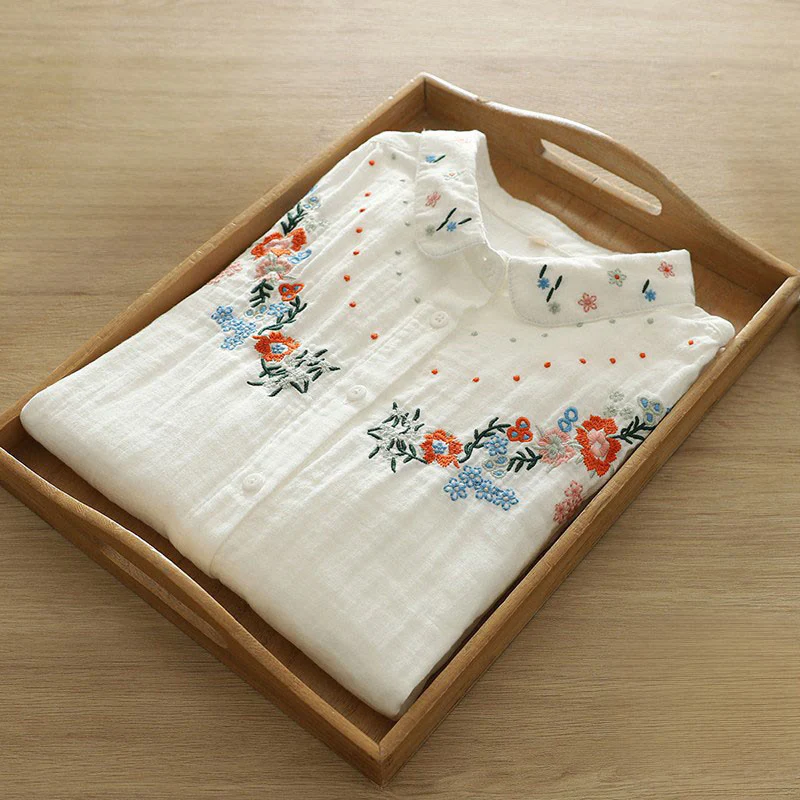 Camicia da donna in cotone a maniche lunghe con bottoni ricamati floreali colorati bianchi Buddha Stones Fall - Image 6