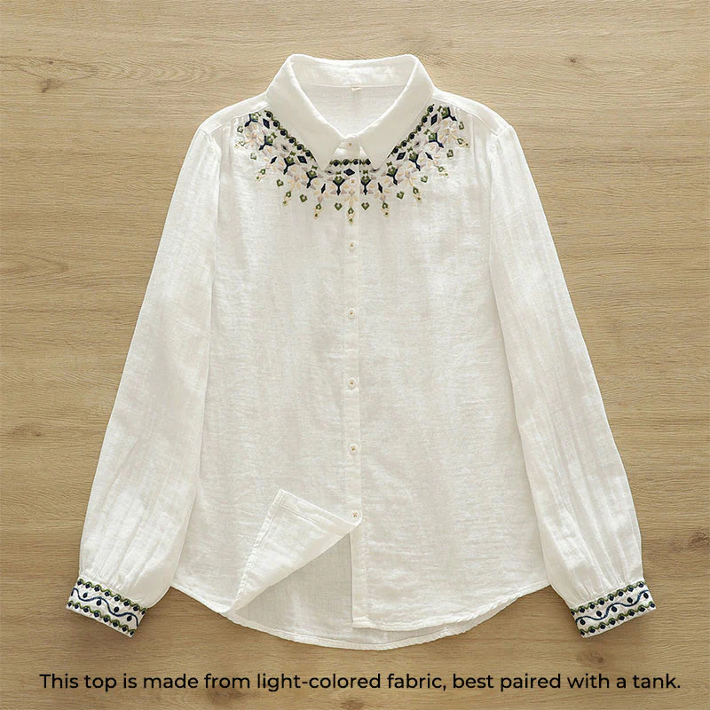 Camicia da donna in cotone a maniche lunghe con bottoni ricamati geometrici bianchi Buddha Stones Fall - Image 2