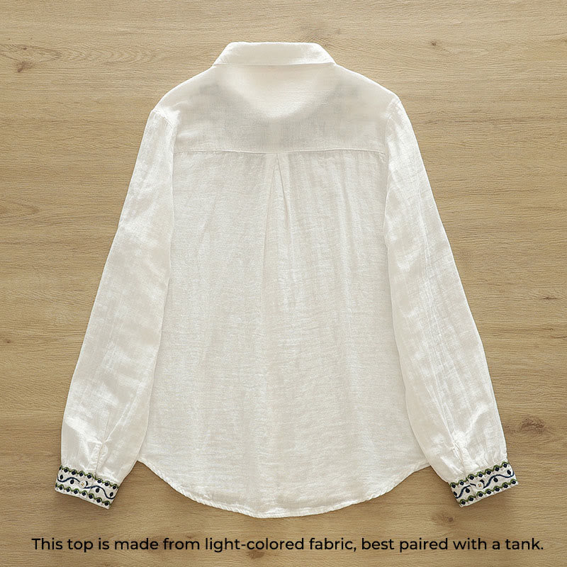 Camicia da donna in cotone a maniche lunghe con bottoni ricamati geometrici bianchi Buddha Stones Fall - Image 3