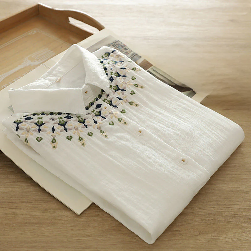 Camicia da donna in cotone a maniche lunghe con bottoni ricamati geometrici bianchi Buddha Stones Fall - Image 4