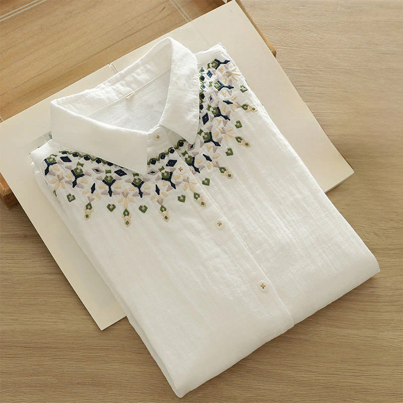 Camicia da donna in cotone a maniche lunghe con bottoni ricamati geometrici bianchi Buddha Stones Fall - Image 5
