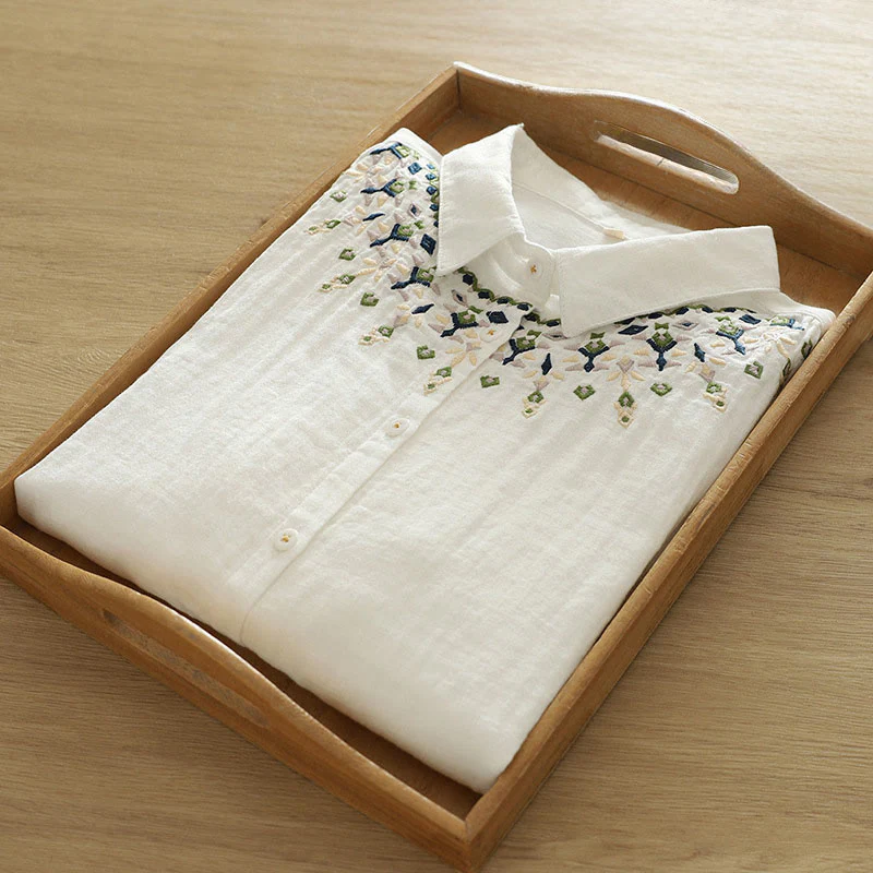Camicia da donna in cotone a maniche lunghe con bottoni ricamati geometrici bianchi Buddha Stones Fall - Image 6
