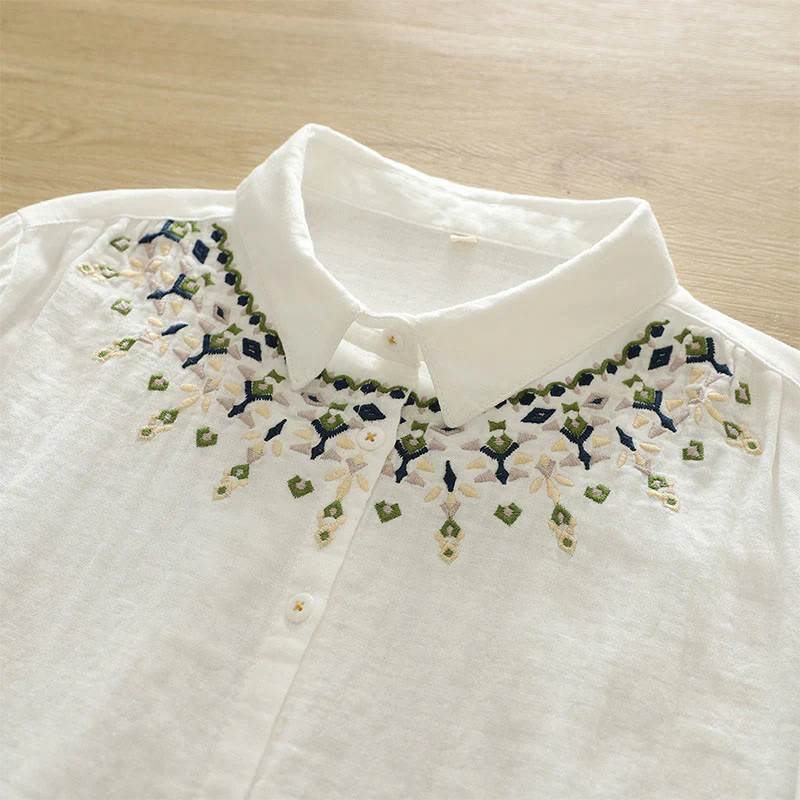Camicia da donna in cotone a maniche lunghe con bottoni ricamati geometrici bianchi Buddha Stones Fall - Image 7