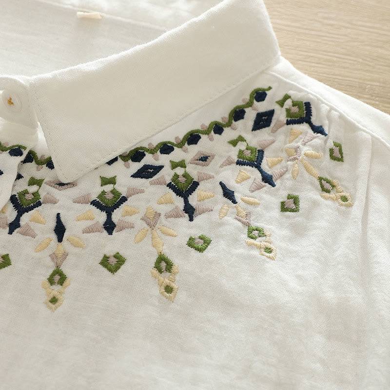Camicia da donna in cotone a maniche lunghe con bottoni ricamati geometrici bianchi Buddha Stones Fall - Image 8