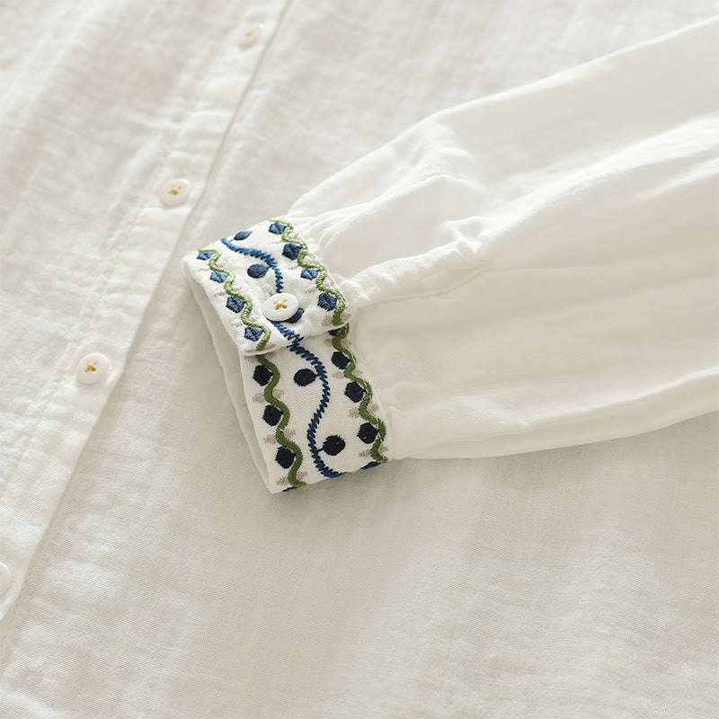 Camicia da donna in cotone a maniche lunghe con bottoni ricamati geometrici bianchi Buddha Stones Fall - Image 9