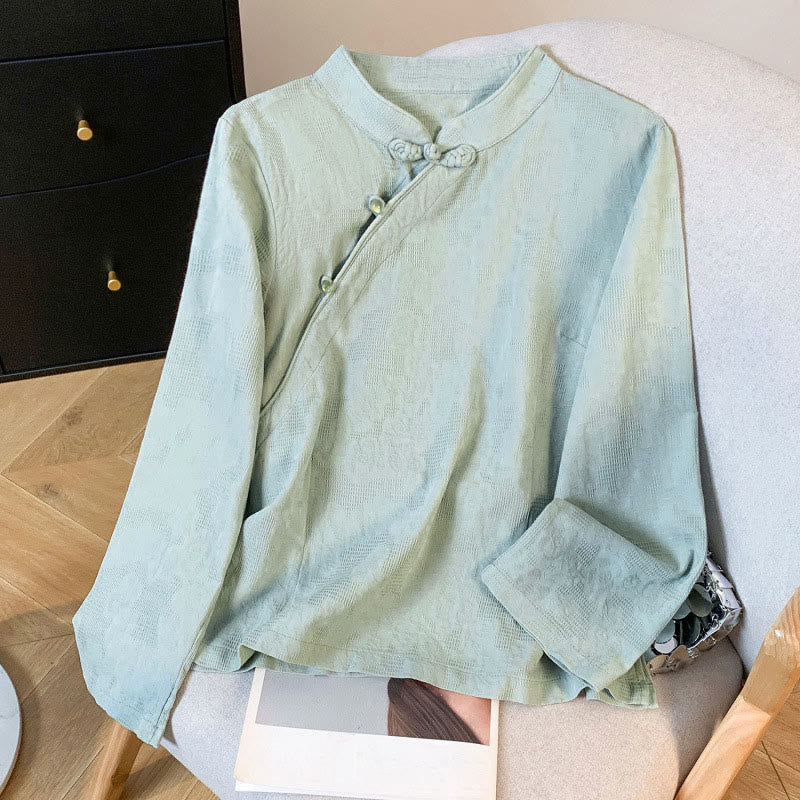 Camicia da donna in cotone a maniche lunghe con colletto alla coreana, bottoni cinesi e motivo a rana in jacquard Buddha Stones Commute