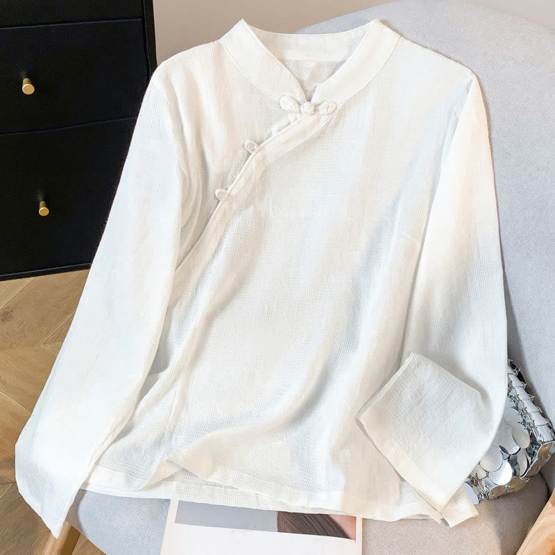 Camicia da donna in cotone a maniche lunghe con colletto alla coreana, bottoni cinesi e motivo a rana in jacquard Buddha Stones Commute - Image 11