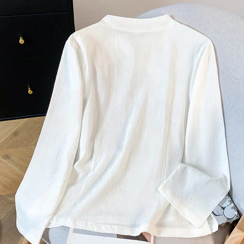 Camicia da donna in cotone a maniche lunghe con colletto alla coreana, bottoni cinesi e motivo a rana in jacquard Buddha Stones Commute - Image 12