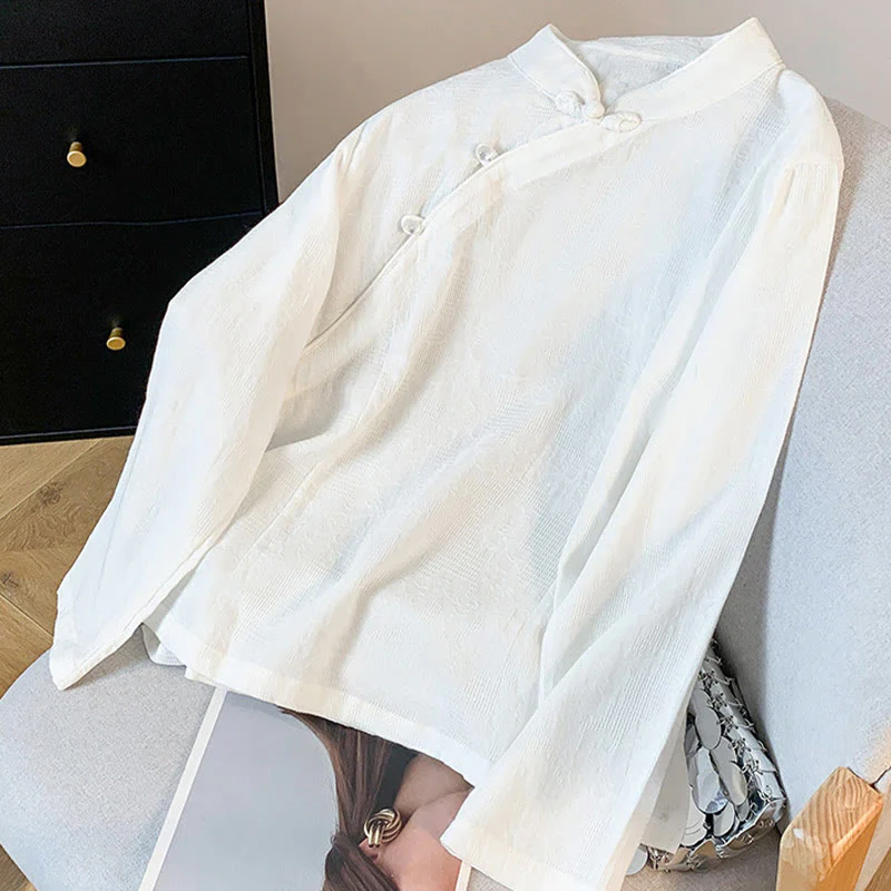 Camicia da donna in cotone a maniche lunghe con colletto alla coreana, bottoni cinesi e motivo a rana in jacquard Buddha Stones Commute - Image 13