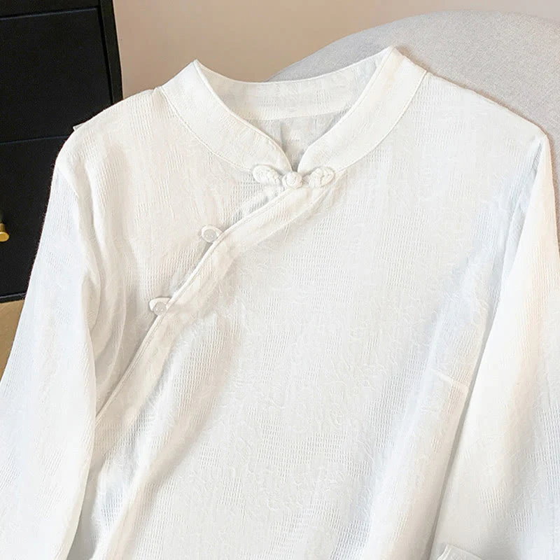 Camicia da donna in cotone a maniche lunghe con colletto alla coreana, bottoni cinesi e motivo a rana in jacquard Buddha Stones Commute - Image 14