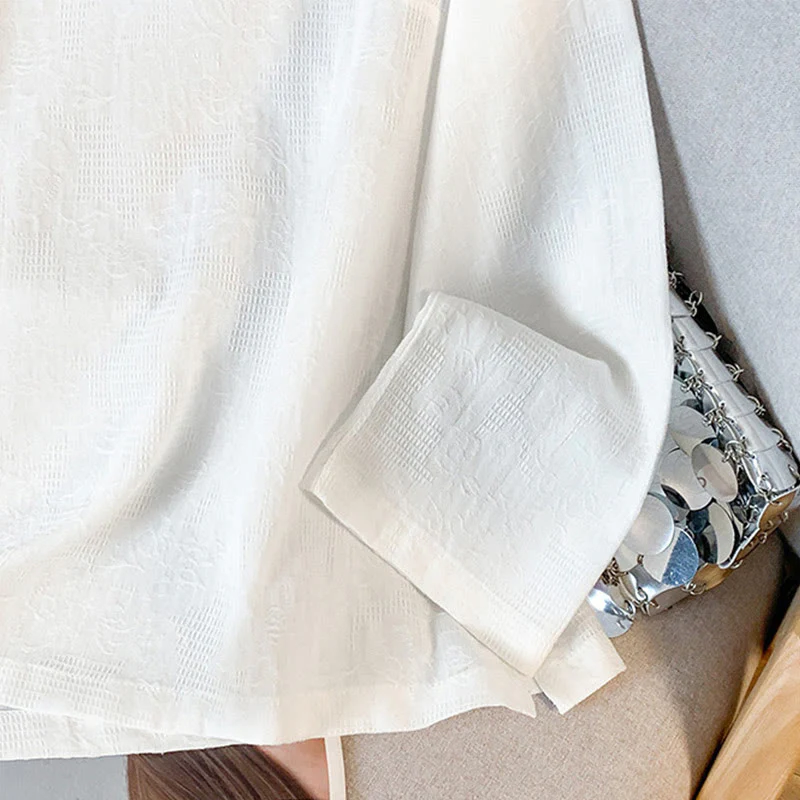 Camicia da donna in cotone a maniche lunghe con colletto alla coreana, bottoni cinesi e motivo a rana in jacquard Buddha Stones Commute - Image 18