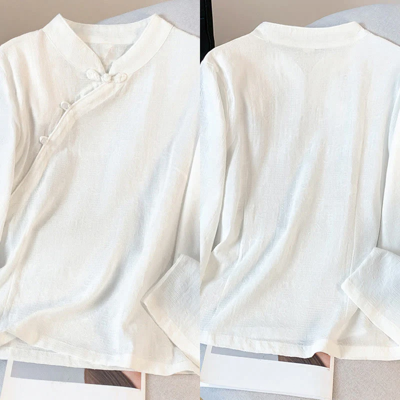 Camicia da donna in cotone a maniche lunghe con colletto alla coreana, bottoni cinesi e motivo a rana in jacquard Buddha Stones Commute - Image 19