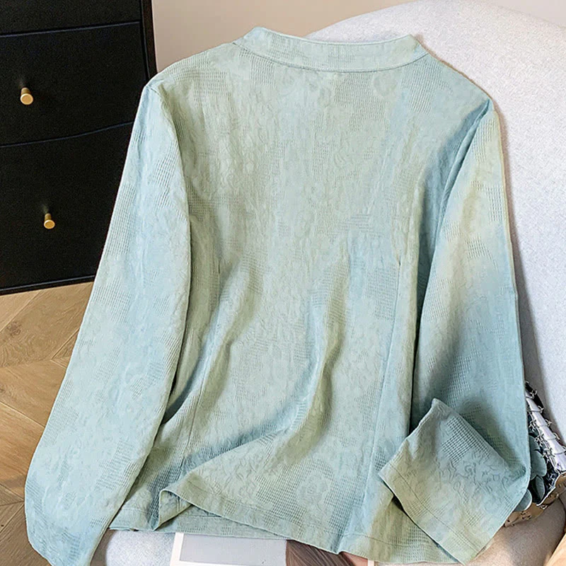 Camicia da donna in cotone a maniche lunghe con colletto alla coreana, bottoni cinesi e motivo a rana in jacquard Buddha Stones Commute - Image 2