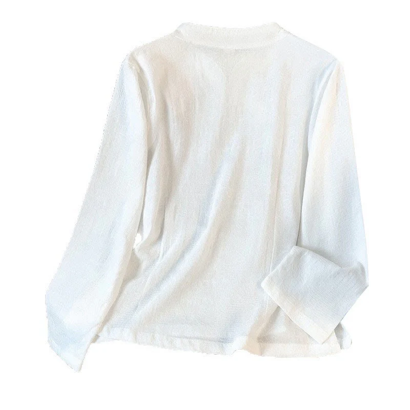 Camicia da donna in cotone a maniche lunghe con colletto alla coreana, bottoni cinesi e motivo a rana in jacquard Buddha Stones Commute - Image 20