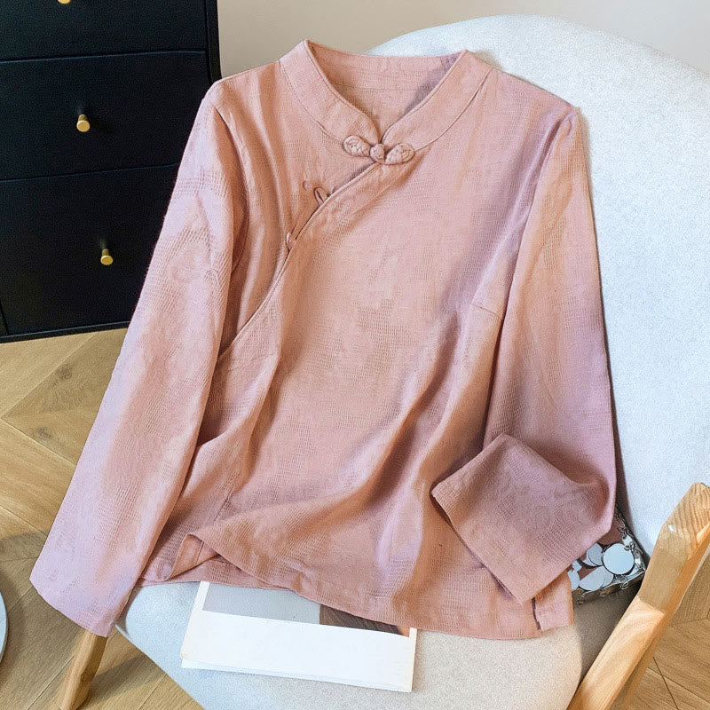 Camicia da donna in cotone a maniche lunghe con colletto alla coreana, bottoni cinesi e motivo a rana in jacquard Buddha Stones Commute - Image 21