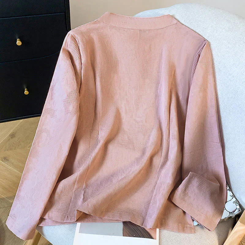 Camicia da donna in cotone a maniche lunghe con colletto alla coreana, bottoni cinesi e motivo a rana in jacquard Buddha Stones Commute - Image 22