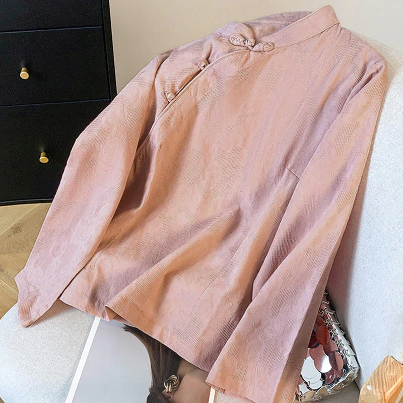 Camicia da donna in cotone a maniche lunghe con colletto alla coreana, bottoni cinesi e motivo a rana in jacquard Buddha Stones Commute - Image 23