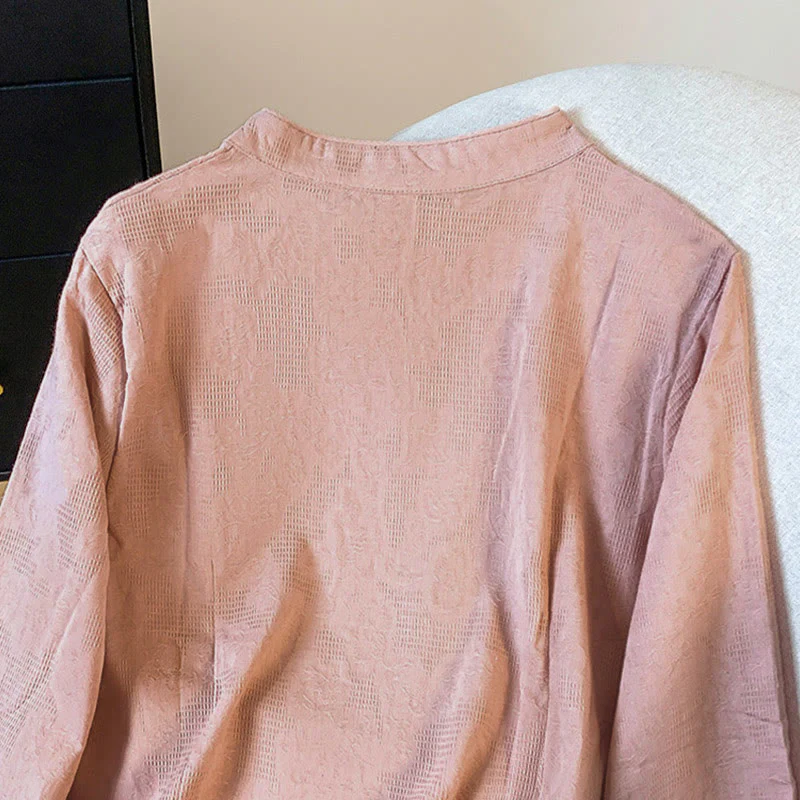 Camicia da donna in cotone a maniche lunghe con colletto alla coreana, bottoni cinesi e motivo a rana in jacquard Buddha Stones Commute - Image 25