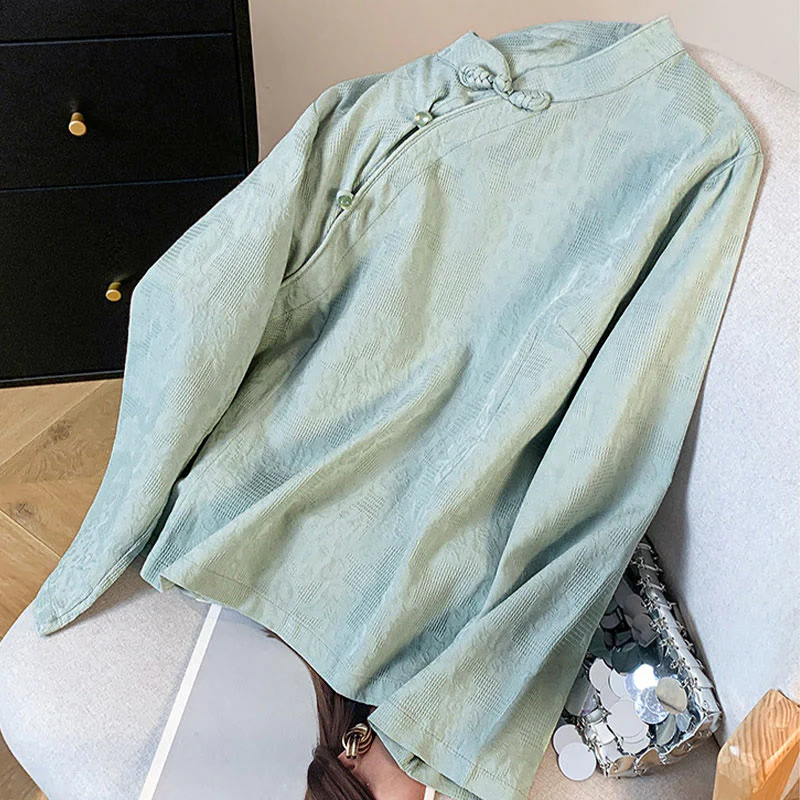 Camicia da donna in cotone a maniche lunghe con colletto alla coreana, bottoni cinesi e motivo a rana in jacquard Buddha Stones Commute - Image 3