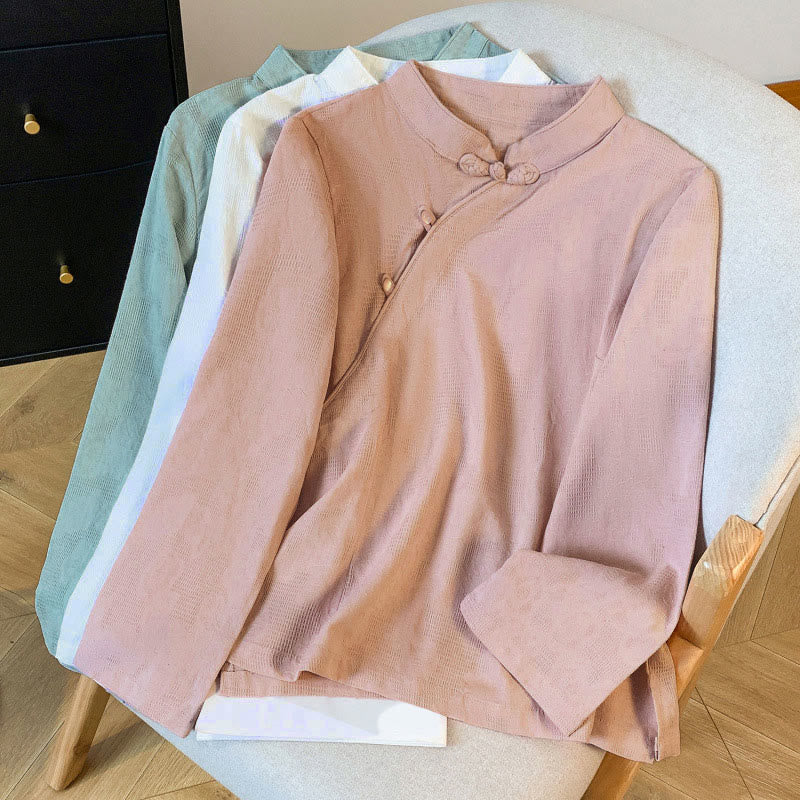 Camicia da donna in cotone a maniche lunghe con colletto alla coreana, bottoni cinesi e motivo a rana in jacquard Buddha Stones Commute - Image 30