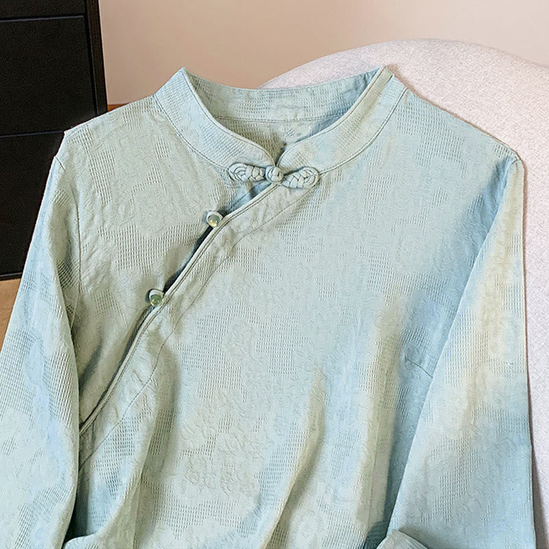 Camicia da donna in cotone a maniche lunghe con colletto alla coreana, bottoni cinesi e motivo a rana in jacquard Buddha Stones Commute - Image 4