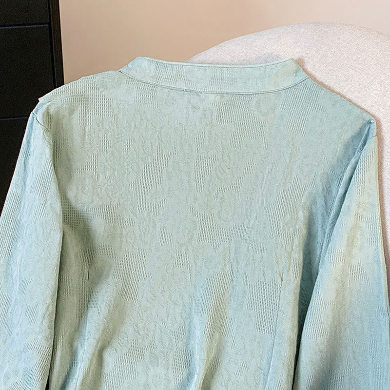 Camicia da donna in cotone a maniche lunghe con colletto alla coreana, bottoni cinesi e motivo a rana in jacquard Buddha Stones Commute - Image 5