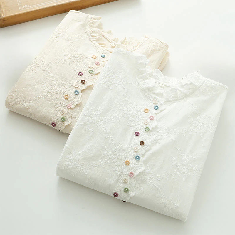 Camicia da donna in cotone a maniche lunghe con colletto arricciato, bottoni a rilievo ricamati con fiori Buddha Stones Fall - Image 13
