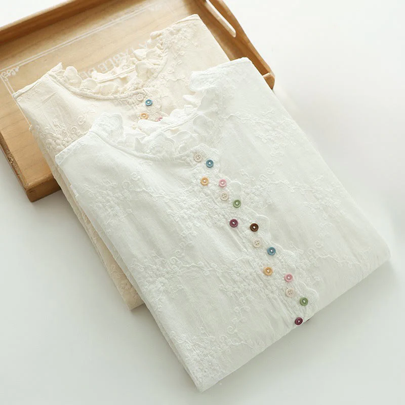 Camicia da donna in cotone a maniche lunghe con colletto arricciato, bottoni a rilievo ricamati con fiori Buddha Stones Fall - Image 14