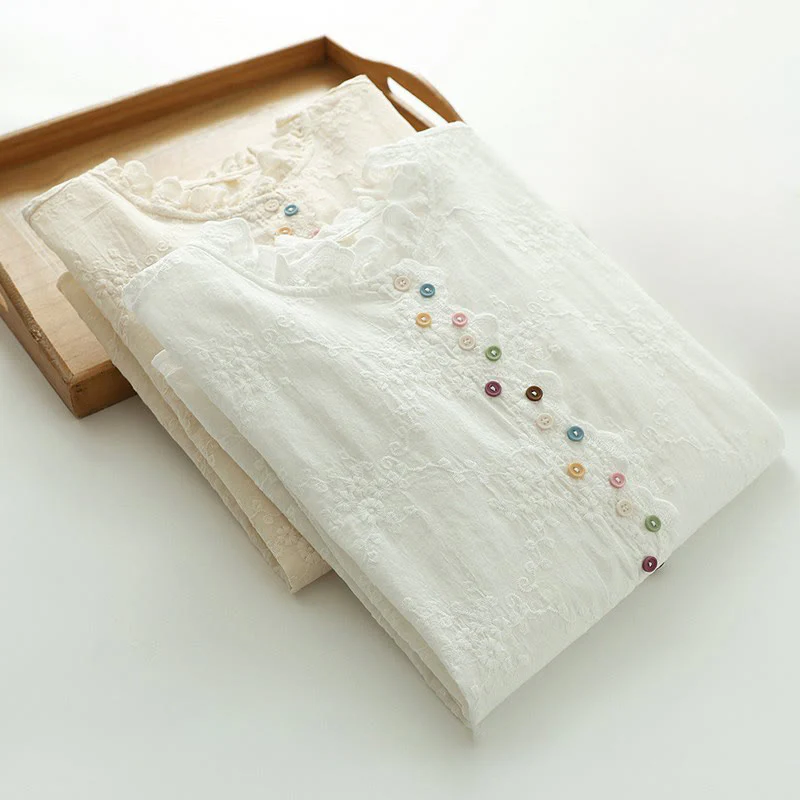 Camicia da donna in cotone a maniche lunghe con colletto arricciato, bottoni a rilievo ricamati con fiori Buddha Stones Fall - Image 15
