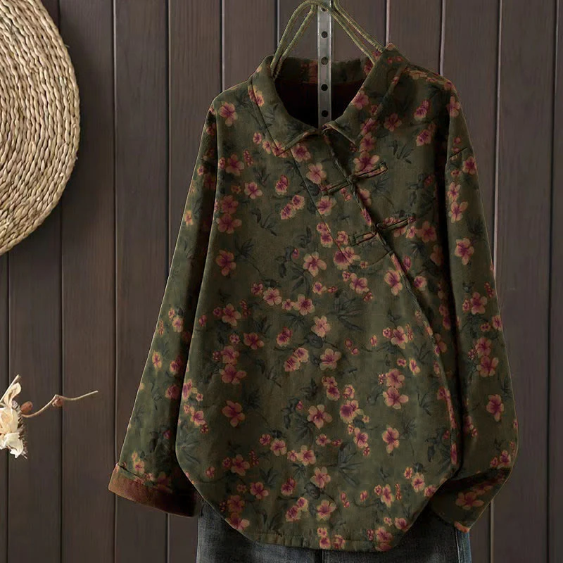 Camicia da donna in cotone a maniche lunghe con colletto rialzato, bottoni a rana, Buddha Stones, fiori invernali, foglie verdi