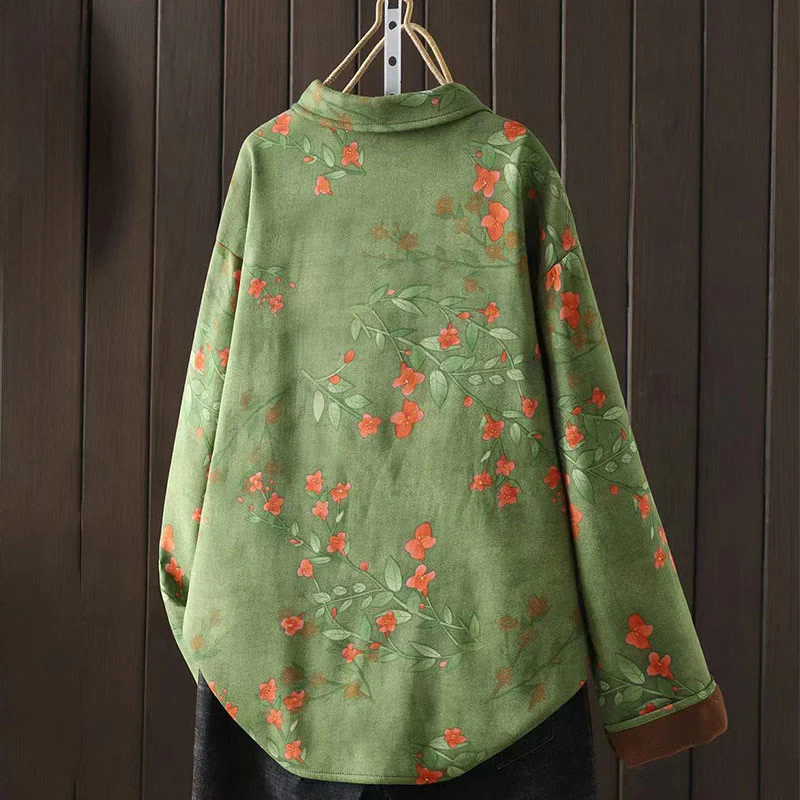 Camicia da donna in cotone a maniche lunghe con colletto rialzato, bottoni a rana, Buddha Stones, fiori invernali, foglie verdi - Image 10