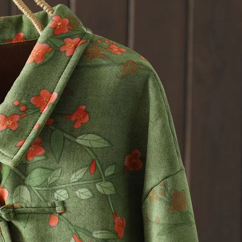 Camicia da donna in cotone a maniche lunghe con colletto rialzato, bottoni a rana, Buddha Stones, fiori invernali, foglie verdi - Image 12