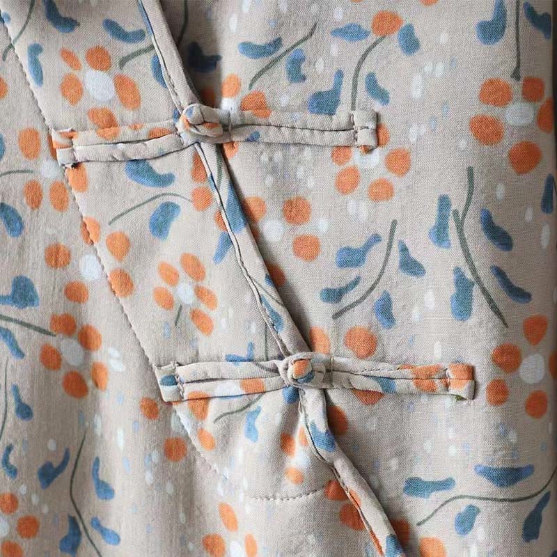Camicia da donna in cotone a maniche lunghe con colletto rialzato, bottoni a rana, Buddha Stones, fiori invernali, foglie verdi - Image 18